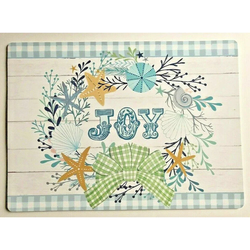 Nautical Christmas Placemats Vinyl Foam Back Joy Shell Wreath Beach Set of 4
